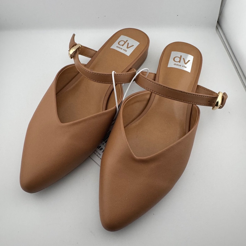 DV Dolce Vita Delicia Flat Mule Women 8.5 Tan NWT Buckle Strap Pointed Toe Shoes